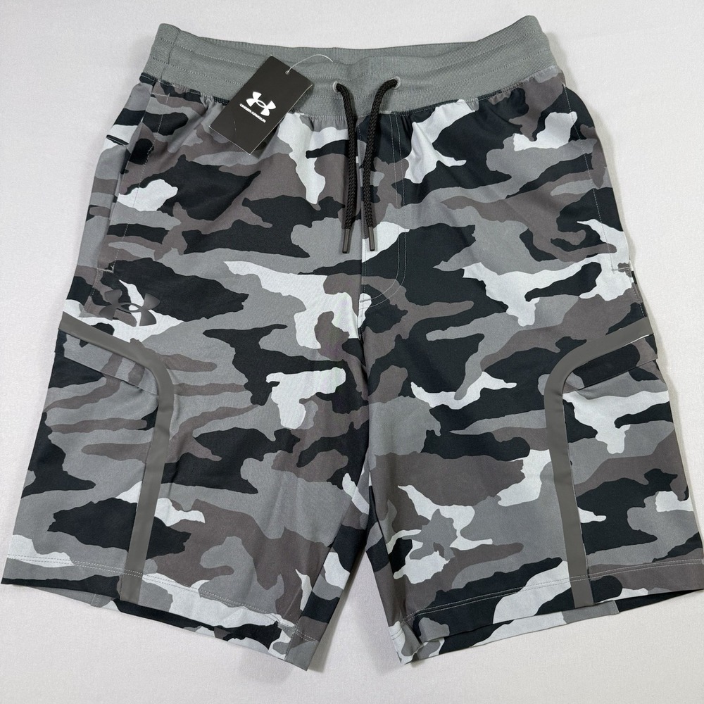 Under Armour UA Elite Cargo Print Shorts Mens Medium Black Gray Camo Gym Run NWT